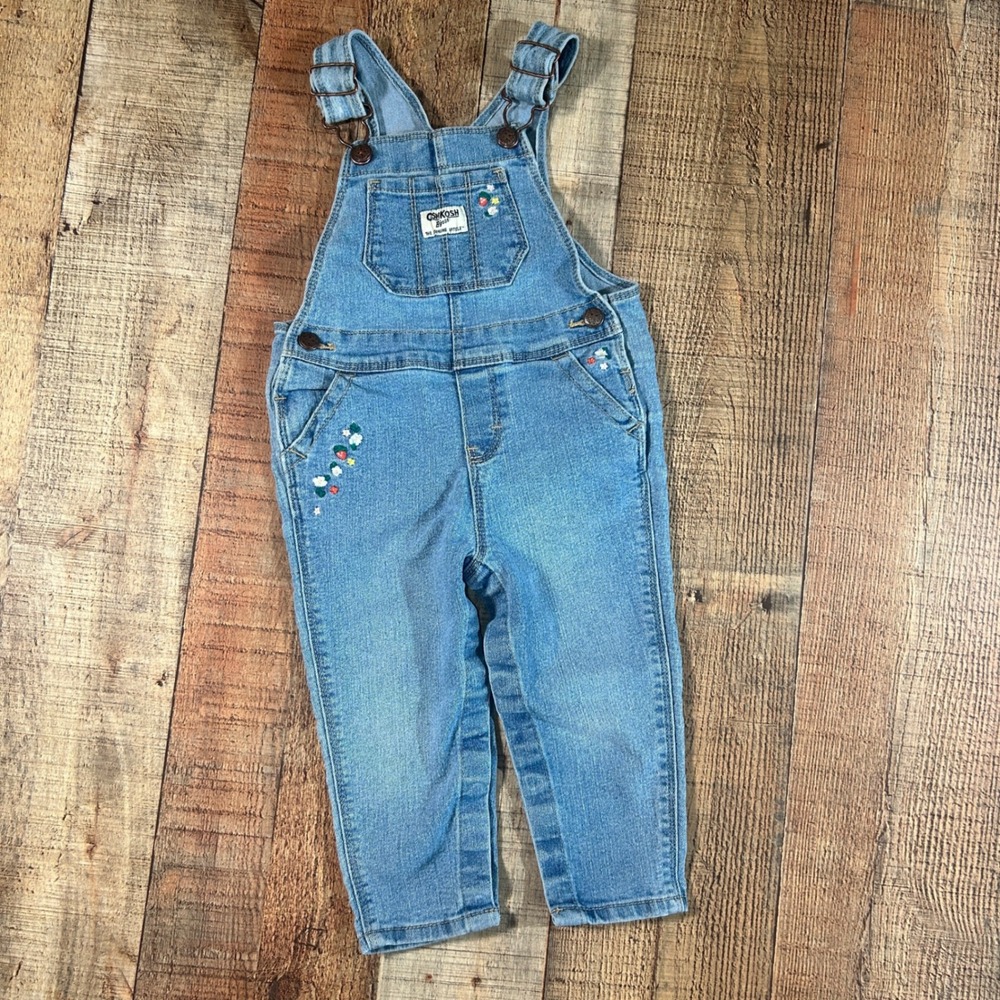 OshKosh B'gosh Blue Denim Floral Strawberry Embroidered Snap Leg Overalls 18M